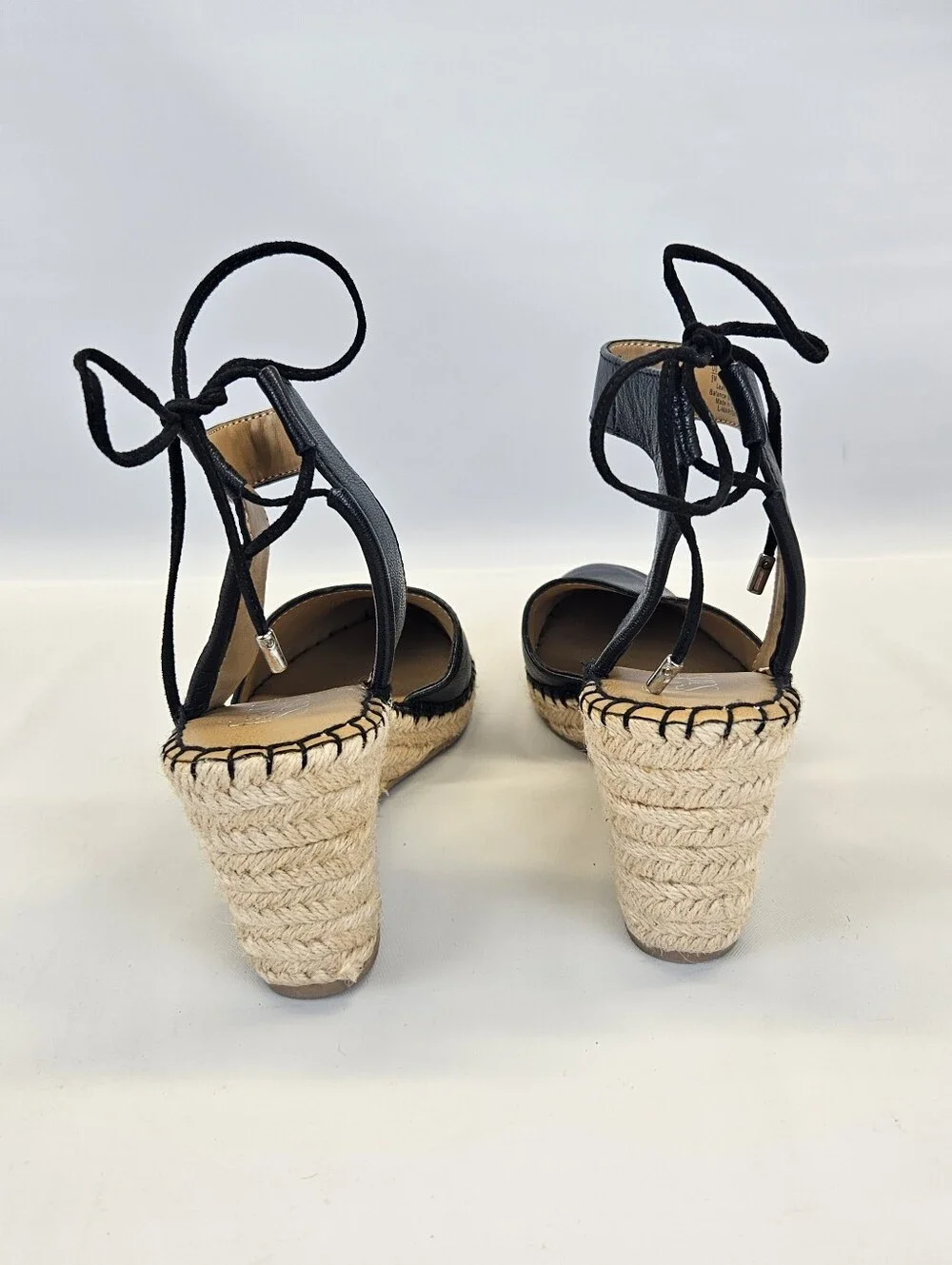 Franco Sarto Black Mariska Leather Espadrille Wedge Sandals Womens Ankle Tie 9